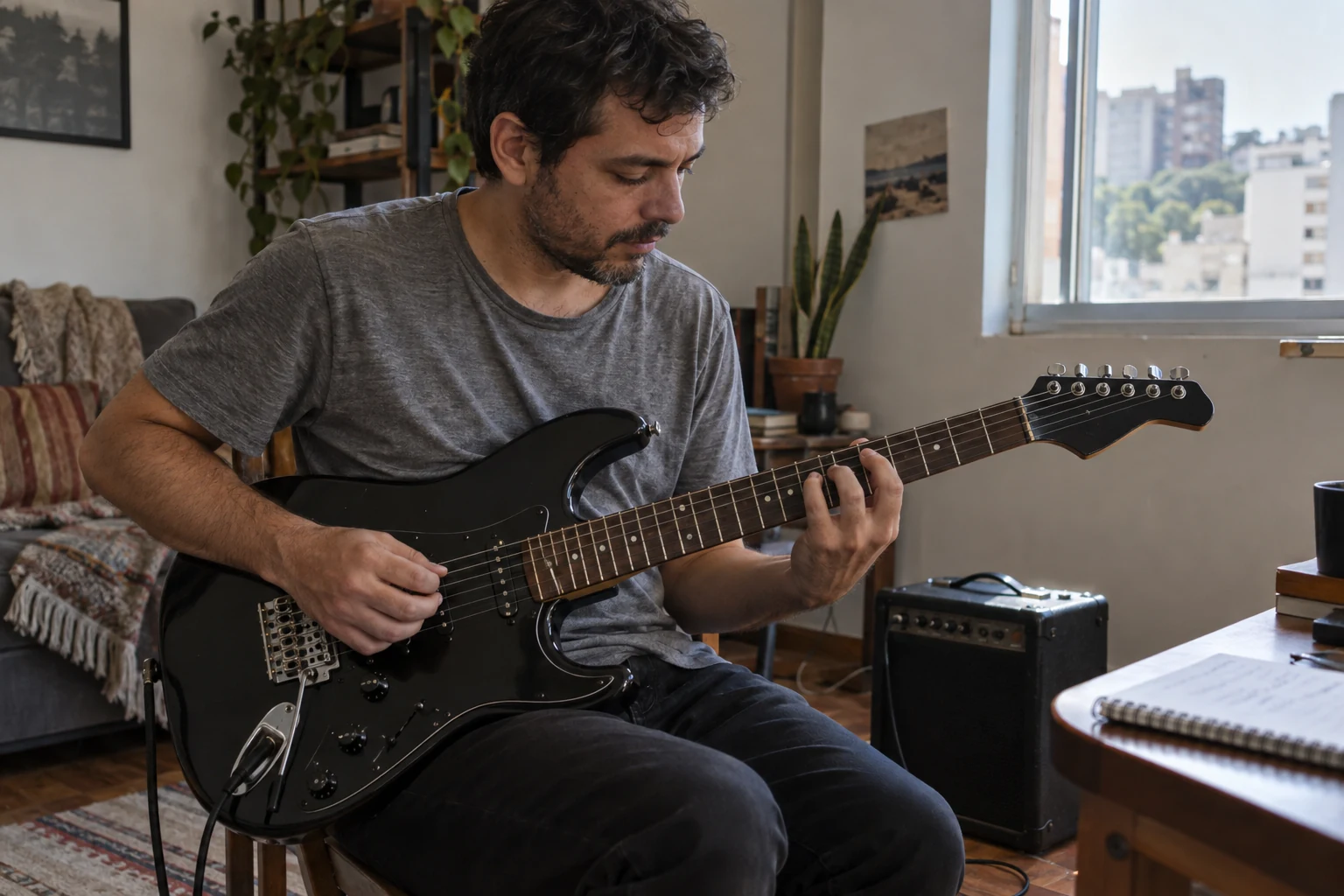 Cena ilustrativa de homem praticando guitarra em casa e observando a posição dos dedos
